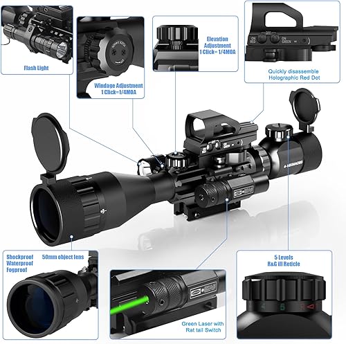 Vista 2 de 4-16x50AO Combo de alcance de rifle rojo/verde doble iluminado con láser verde 4 retículas holográficas punto rojo 5 modos linterna para montaje