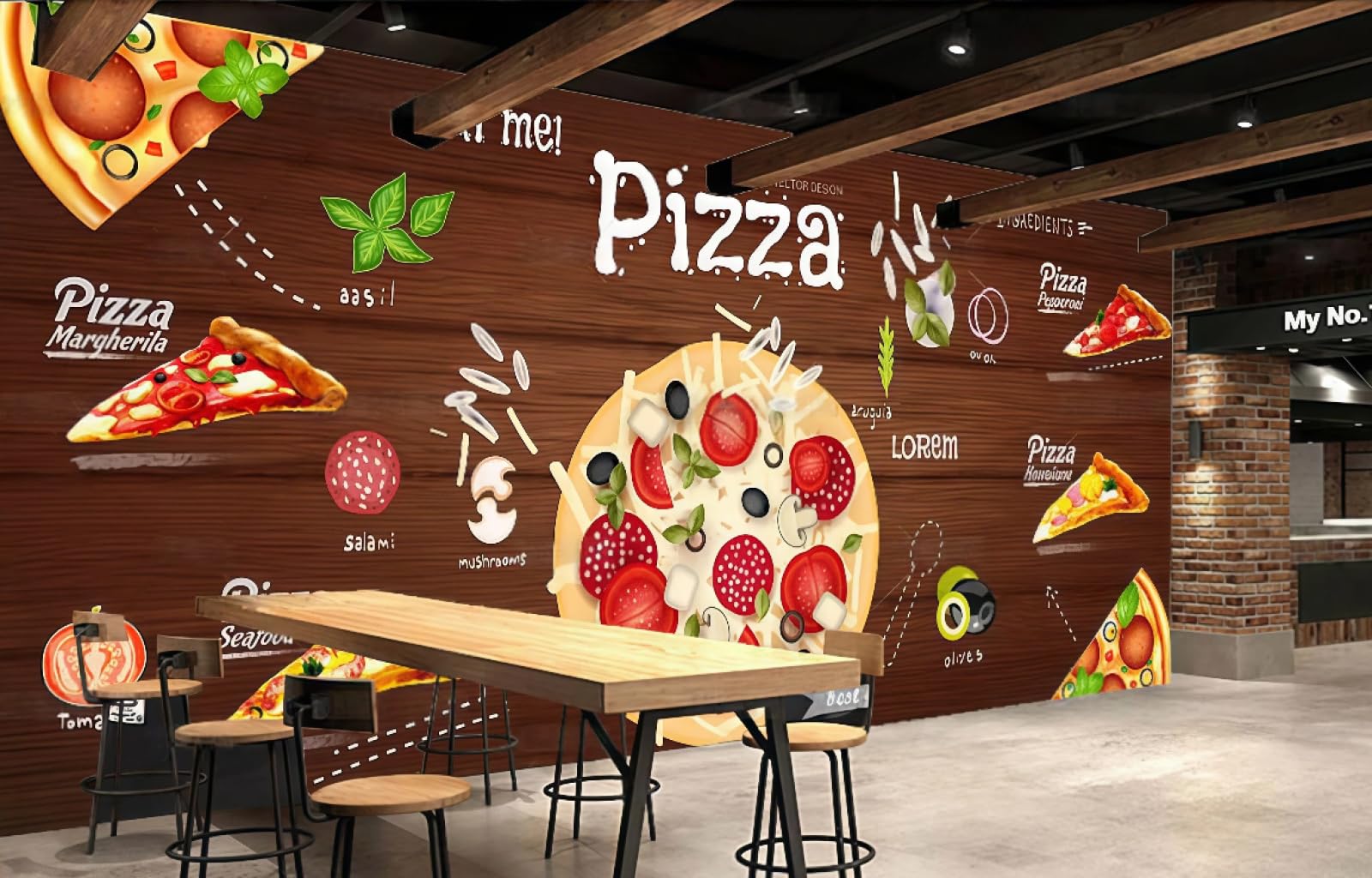 rskjdghshd Wallpaper Retro Wooden Board Hand-Painted Delicious Pizza Shop Shopping Mall Western Restaurant Background Wall Mural Afternoon Tea Coffee Shop Wallpaper,3D,200x140cm