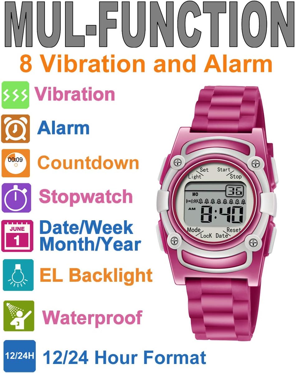 Diagram showing multi-function features of the T TICCI watch including vibration, alarm, countdown, stopwatch, date, backlight, waterproof, and 12/24 hour format.