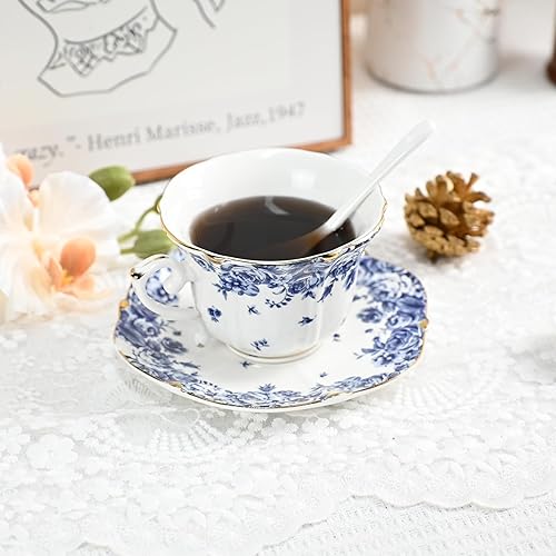 Miniatura 7 de Bone China - Juego de taza de té y platillo, 3 piezas, estilo vintage, juego de taza de té y platillo para mujeres y fiestas de té, caja de regalo