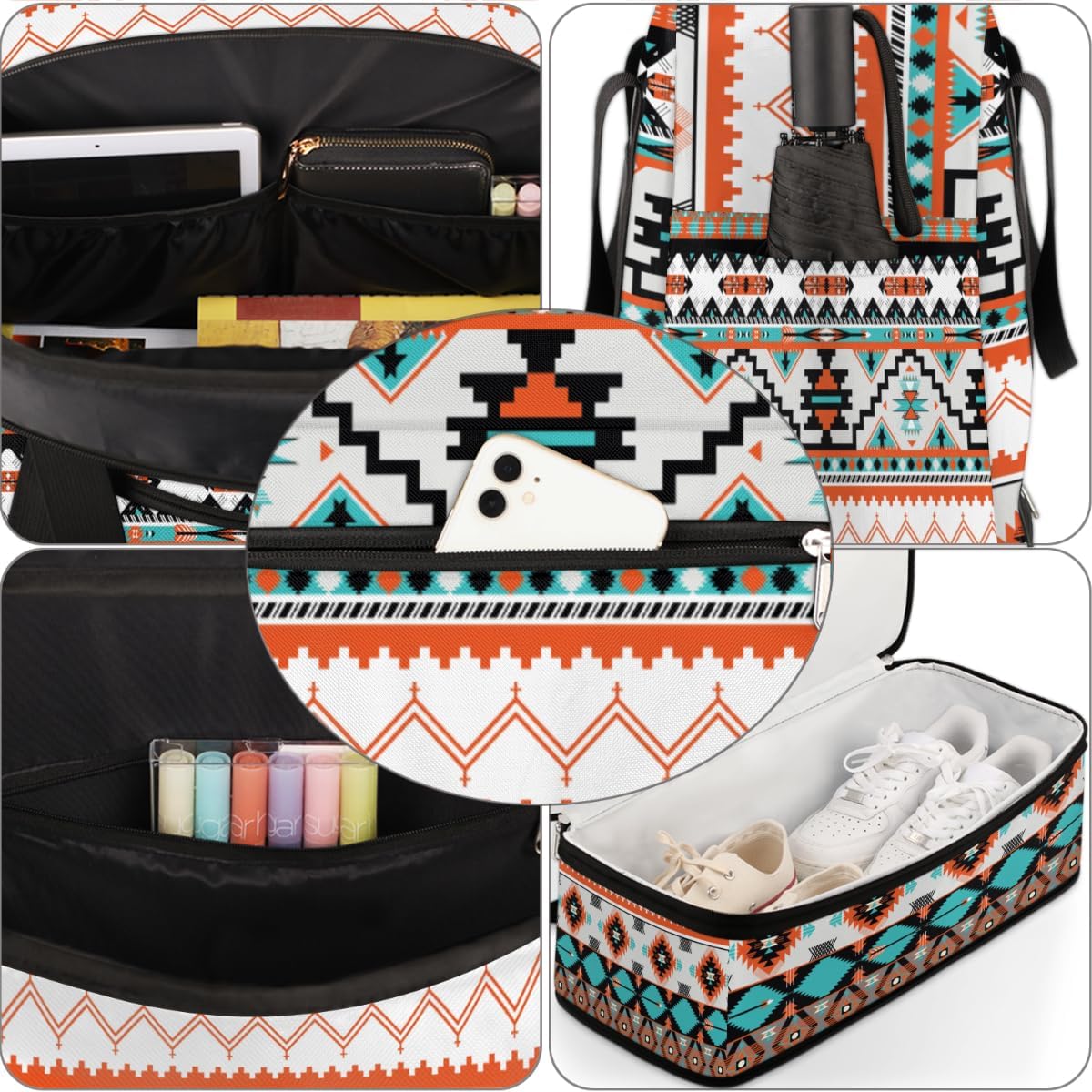 Travel Duffle Bags With Shoes Compartment for Women Men Aztec Western Ethnic Geometric Lightweigh Sports Tote Gym Bag Foldable Canvas Weekender Overnight Carry On Luggage Handle Bag