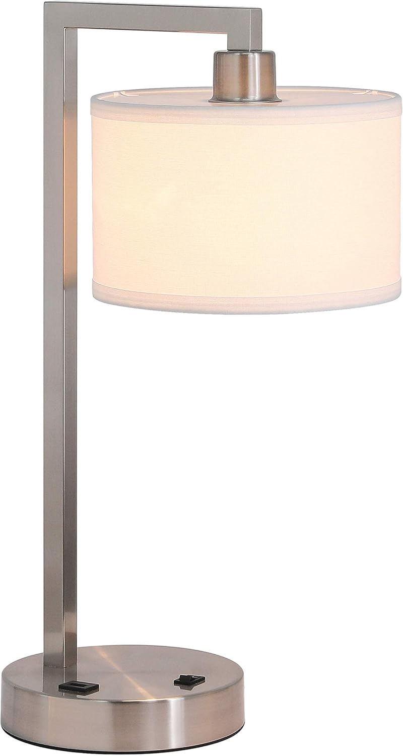 XiNBEi Lighting Table Lamp Desk Lamp with USB and Fabric Shade, Modern End Table Lamp Brushed Nickel Finish for Bedroom Living Room & Office XB-TL1231-BN