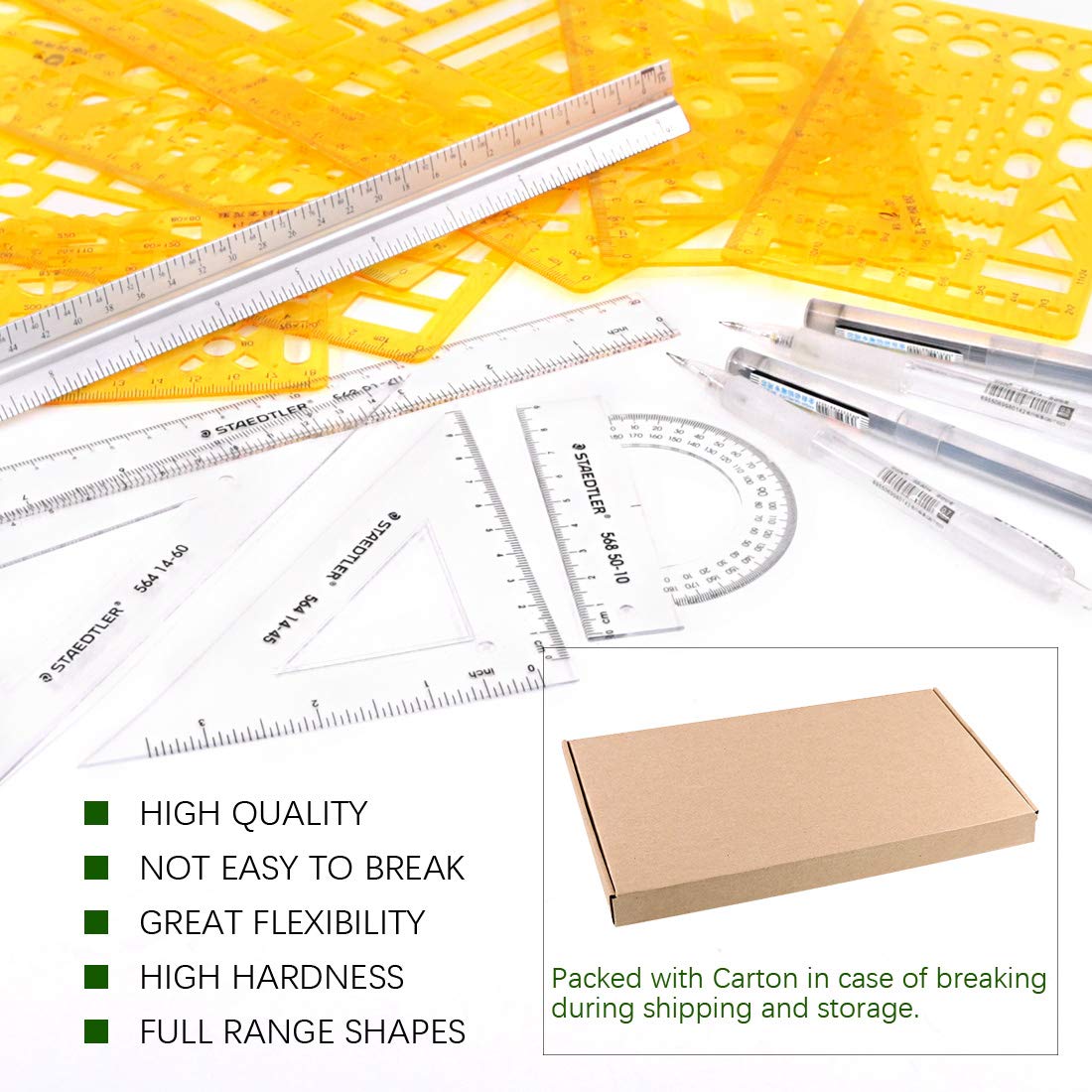 Keadic 12 Pieces Plastic Drawing Template Ruler Kit with Aluminum Architect Scale, Measuring