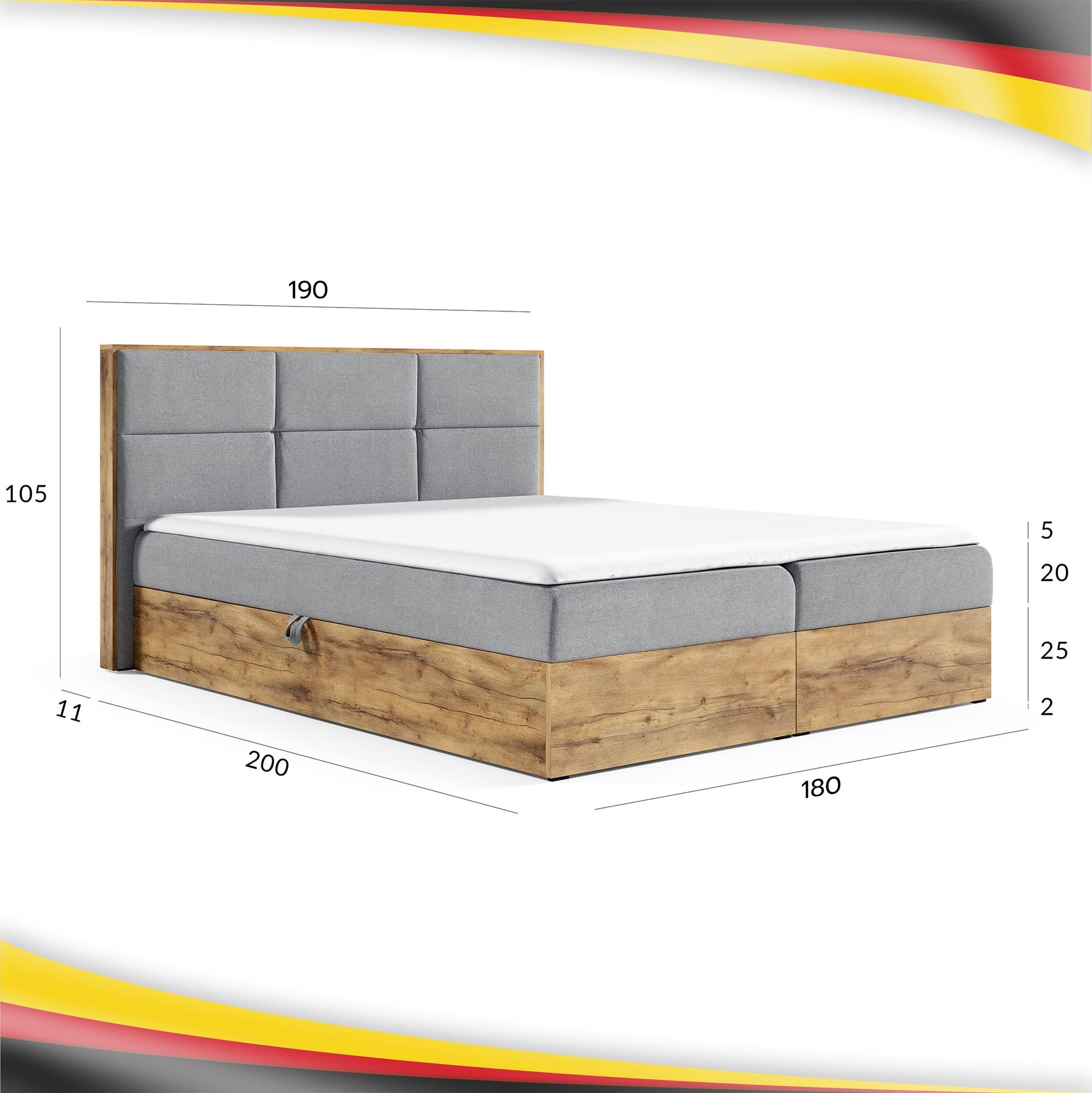 FURNISTAR Boxspringbett LOFT 1-180x200cm Schwarz. Doppelbett mit Bonellmatratze, Bettkasten, Topper, Kopfteil.