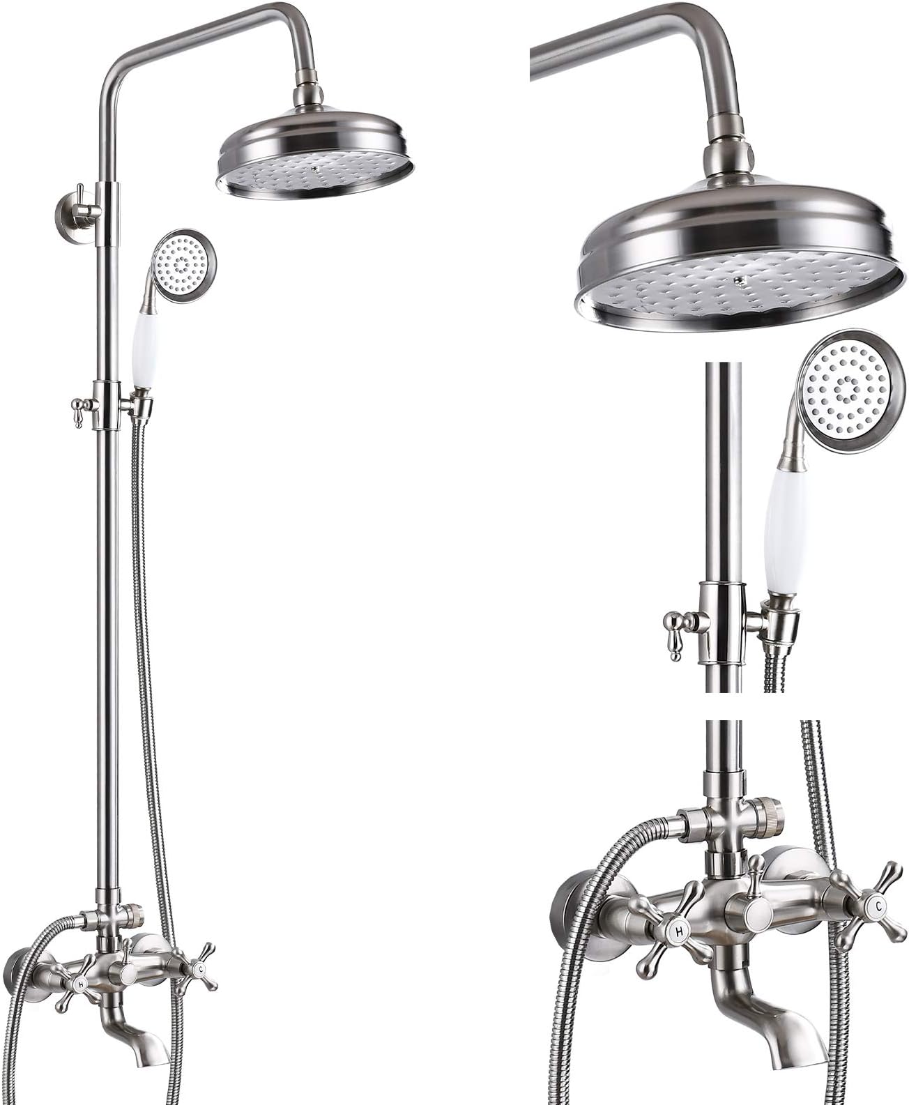 Bathroom Shower Faucet Rain Mixer 8 Inch Round Shower Head Double Cross Handle with Tub Spout Wall Mount Bathroom Shower Fixtures 3 Function Metal Handheld Sprayer Brushed Nickel