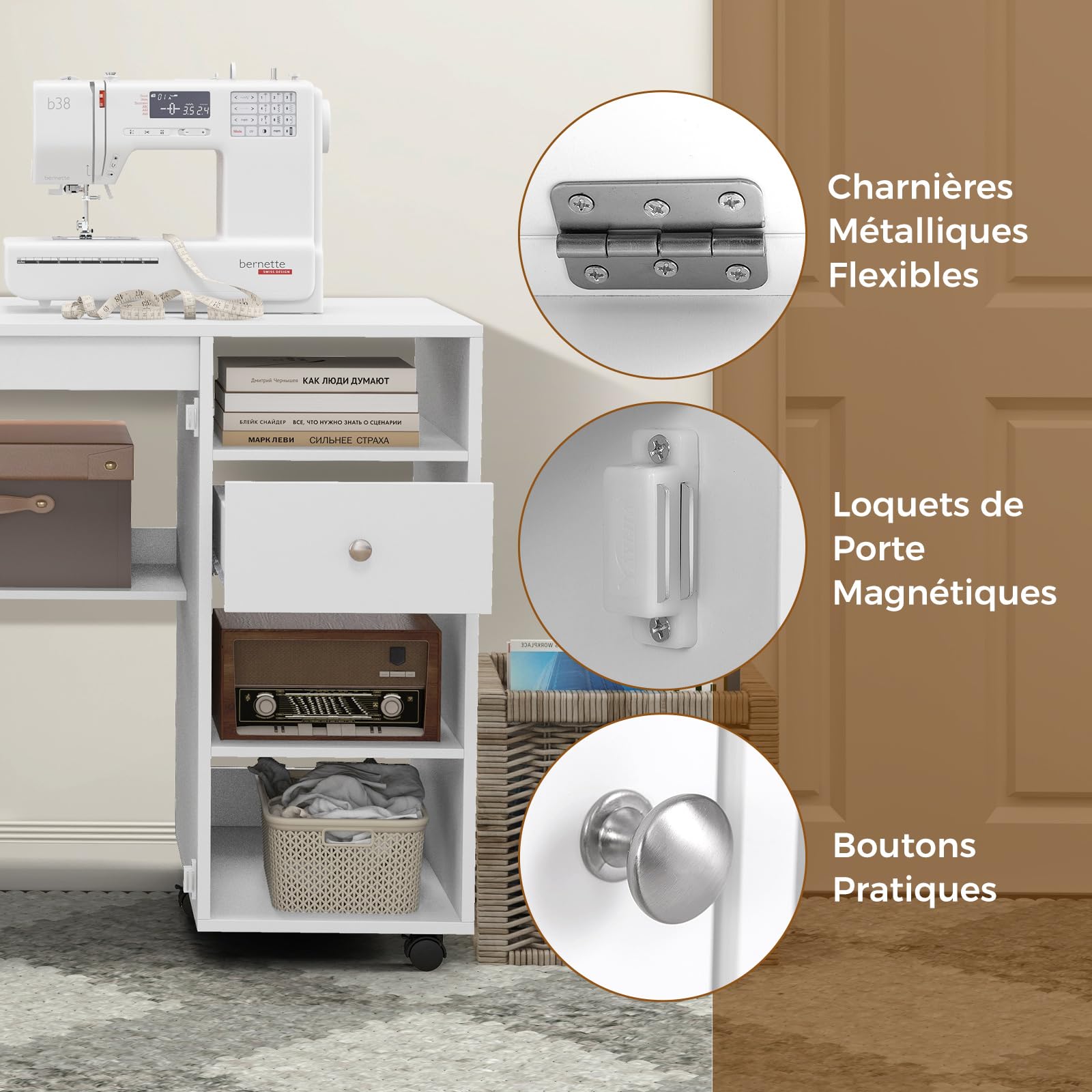 COSTWAY Table de Couture Pliante, Meuble Machine à Coudre avec 4 Compartiments Ouverts et 1 Tiroir de Rangement, 18 Rangées de Bâtonnets, 2 Plateaux de Rangement, roulettes Verrouillables, Blanc