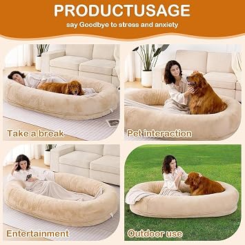 Human Dog Bed,72x48x12 Human Sized Dog Bed,Giant Dog Bed with Washable Faux Fur Human Dog Bed,with Storage Pocket, Present Soft Blanket,Large Dog Bean Bag Bed for Families,Khaki
