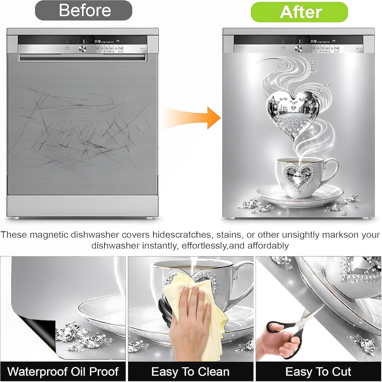 Dishwasher Magnet Cover Coffee Cup Embossed-Themed Magnetic Sticker, Refrigerator Protection Magnetic Kitchen Art Decoration 23x25.5 inches (Silver Embossed Cup)