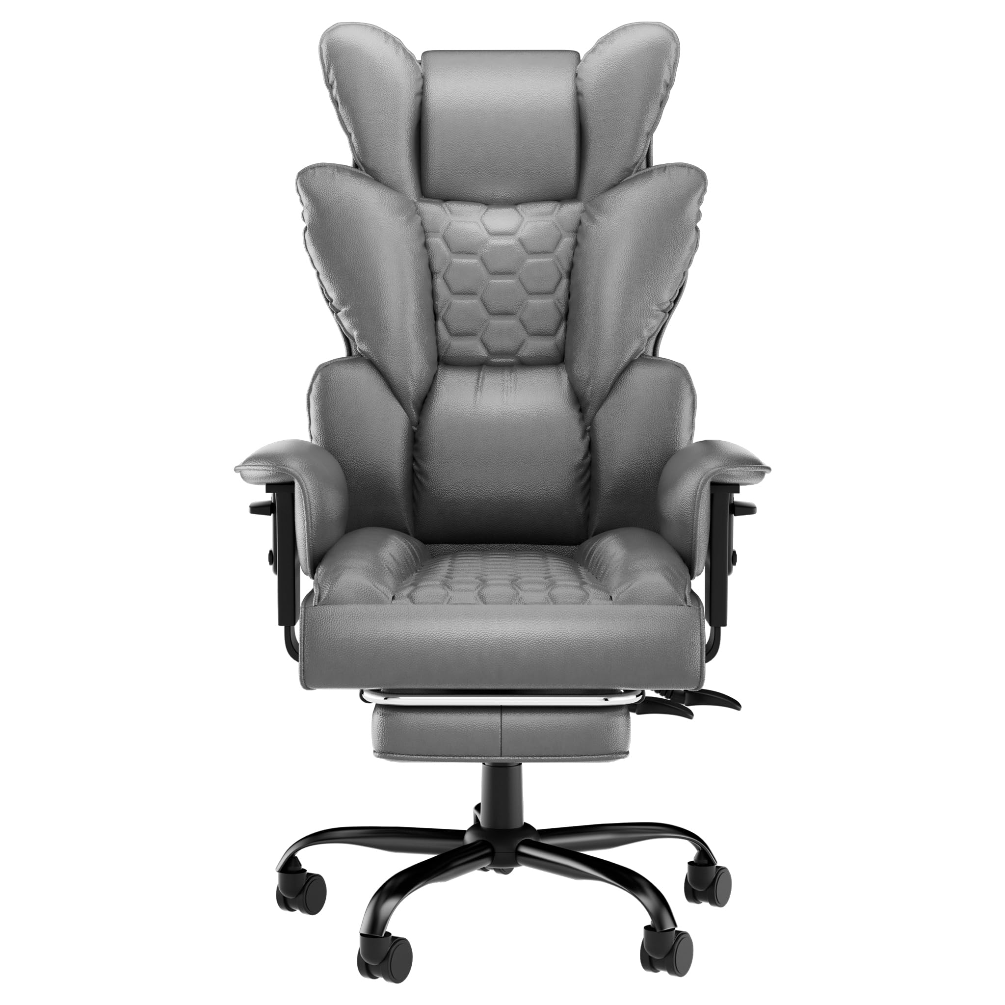 AufuN Bürostuhl Ergonomischer mit hoher Rückenlehne, Chefsessel mit Fußstütze, PU Leder Großer Bürostuhl Drehstuhl mit Rollen, Chefdrehstuhl mit gepolsterten Armlehnen für Zuhause und Büro (Grau)