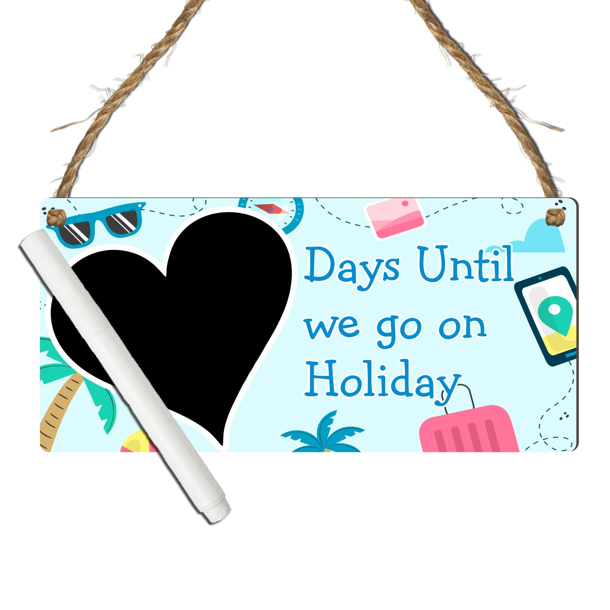 Days Until We Go on Holiday Countdown Plaque - MDF Wooden Countdown Sign with Chalkboard Heart - Fun Holiday Vacation Tracker (Multicoloured, With Pen, Large: 29 cm (H) × 13.5 cm (W))