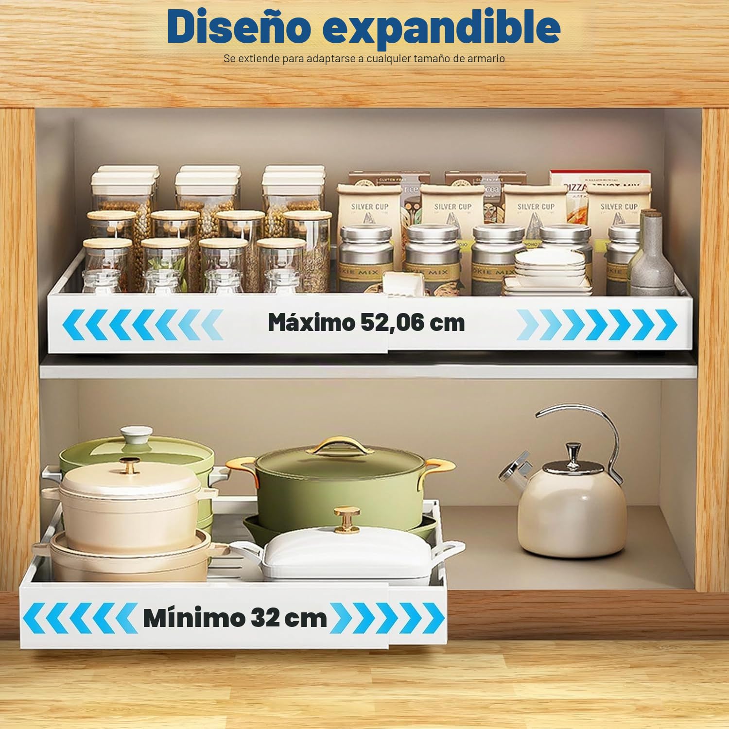 2 Cajones Extraibles para Cocina - Cajón Extraíble Mueble con Bandeja Extraible Armario Cocina, Ancho Ajustable 32-52cm, Sistema de Rieles Sin Taladrar, Organizador Armario Extensible Blanco