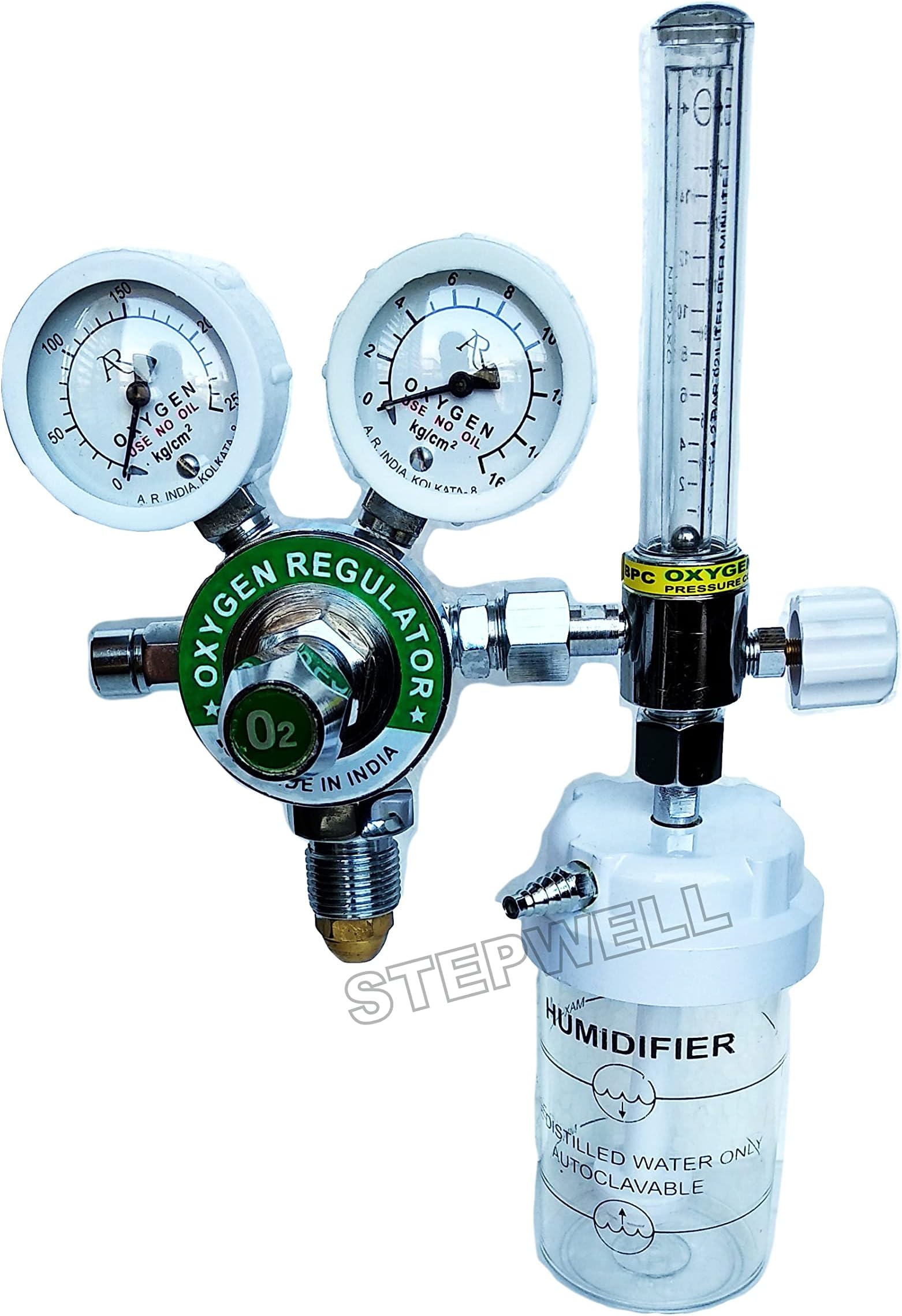STEPWELL Double Gauge Single Stage Medical Oxygen (O2) Gas Regulator (MOX Regulator) with BPC Flow Meter for hospitals, clinics & home use