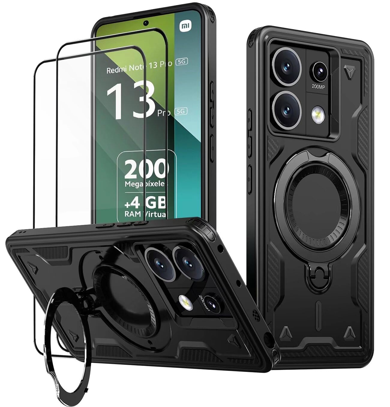 Custodie per Xiaomi Redmi Note 13 Pro 5G / Poco X6 (Non per Note 13 Pro 4G), [Protezione Fotocamera] Militare 360° Metallo Anello Supporto Custodie Silicone Antiurto Anti-Graffio Cover - Nero