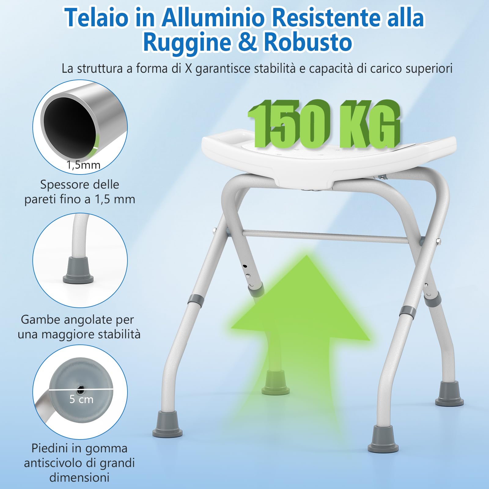 COSTWAY Sgabello per Doccia, Sedia per Doccia Pieghevole e Regolabile in Altezza a 3 Livelli con Maniglie, Leggero, per Anziani e Persone a Mobilità Ridotta, Portata 150 kg (Bianco)