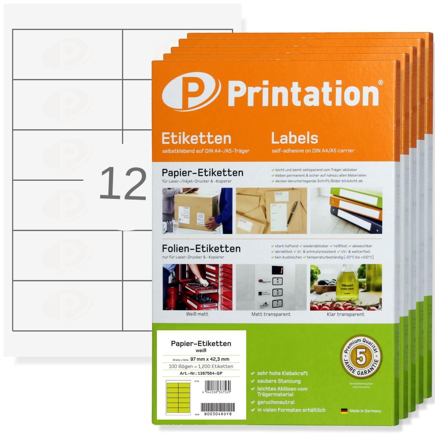 Printation Etiketten 97 x 42,3 mm - 6000 Aufkleber auf 500 Blatt DIN A4 BigPack - 2x6 12 97x42,3 Adressaufkleber selbstklebend blanko weiß - Adressetiketten Briefversand 4623 5056 LA140 3659 4781