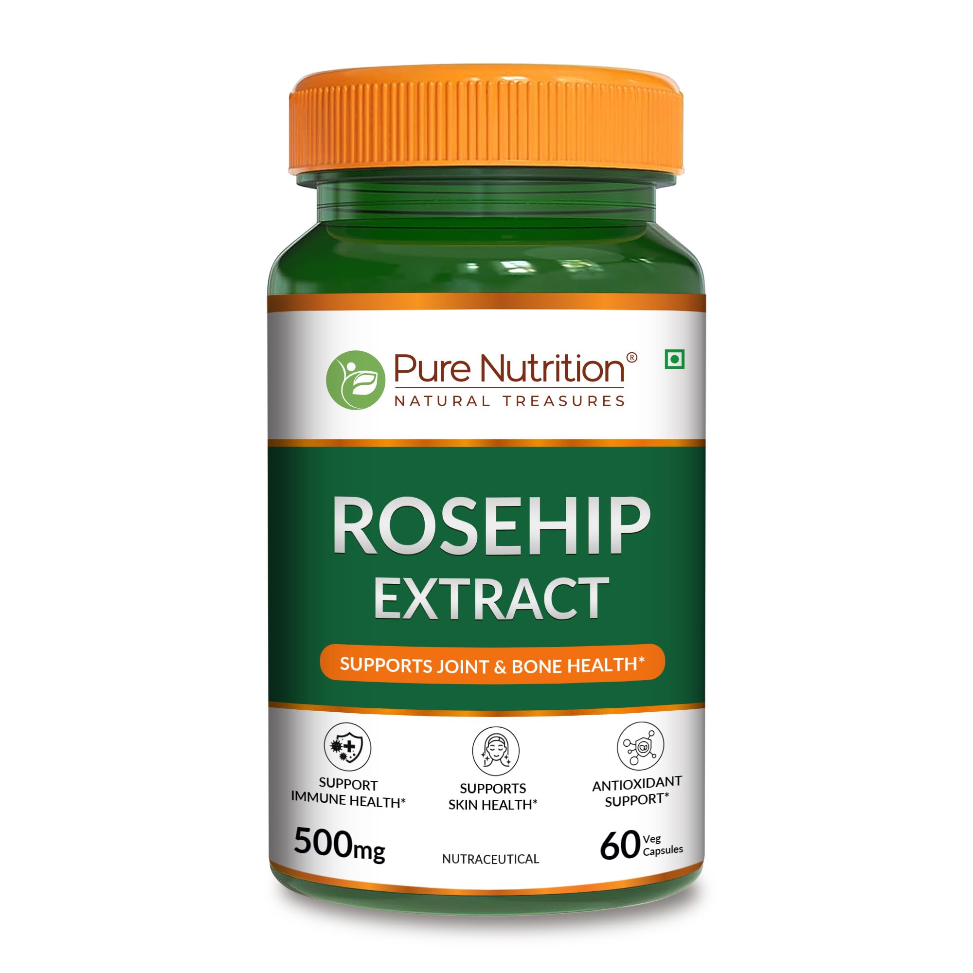 pure nutrition rosehip extract |60 veg capsules | 500mg per capsule | with naturally derived vitamin c | antioxidant & joint support nutraceutical supplement