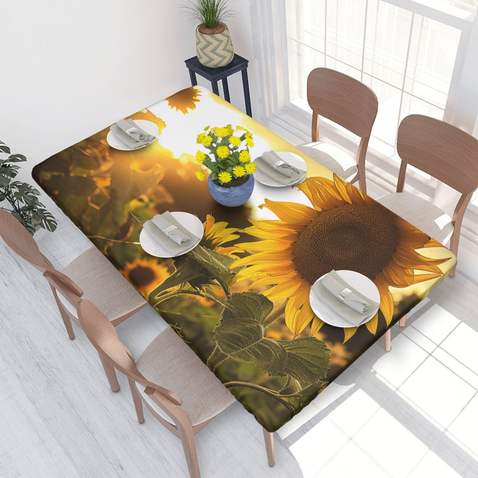 DCARSETCV sunflowers sun Printed 4FT Waterproof Tablecloth with Elastic Edged Protect & Decor Your Table, Oil-proof Washable Table Cloth Cover for Dinner Picnic Party