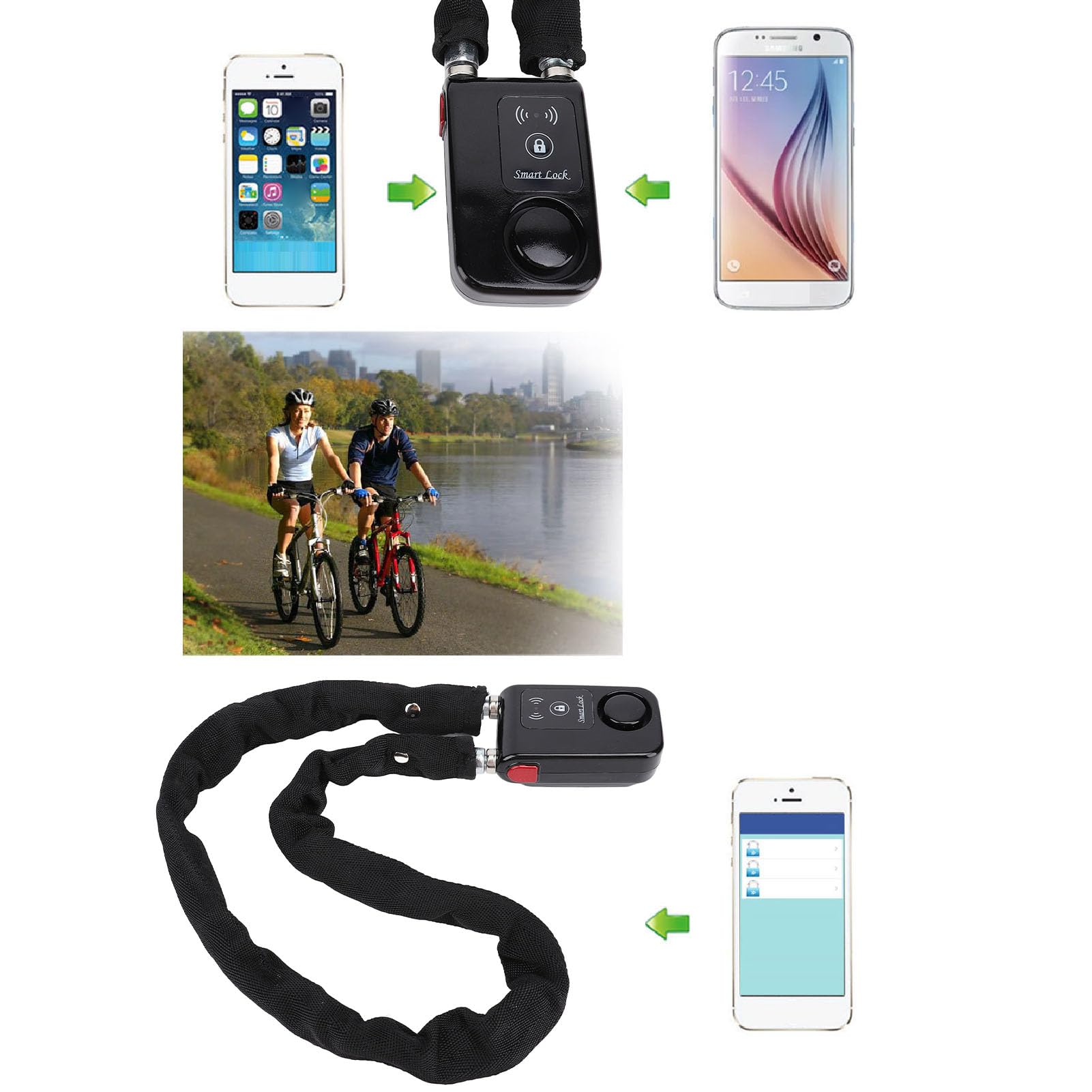 Vehicle Chain Lock with APP Control, Water Resistant (BLACK) | Avviso con vibrazione, acciaio al manganese, adatto per bici elettriche, impermeabile IP44, avviso di batteria scarica