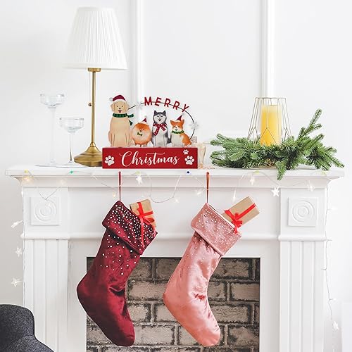 Miniatura 2 de Decoraciones de Navidad para el hogar, decoración de Navidad, letrero de madera lindo para perro con hierro, rústico de granja, bloque de mesa