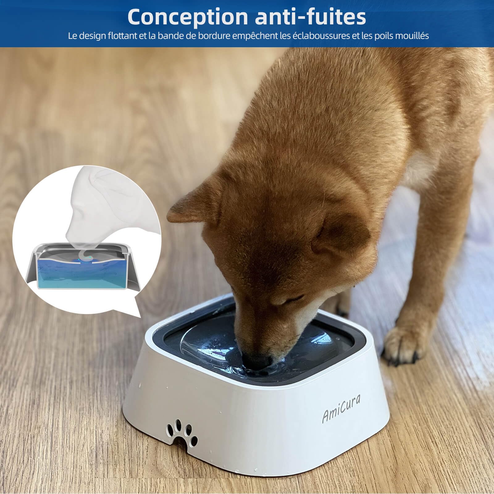 Amicura Gamelle Anti Fuite, Gamelle Eau Chien Anti Éclaboussure pour Chien Chat Chiot Cocker, Grande Capacité 1L Anti Glouton, No-Spill Gamelle d'eau Flottante pour Animal Voyage