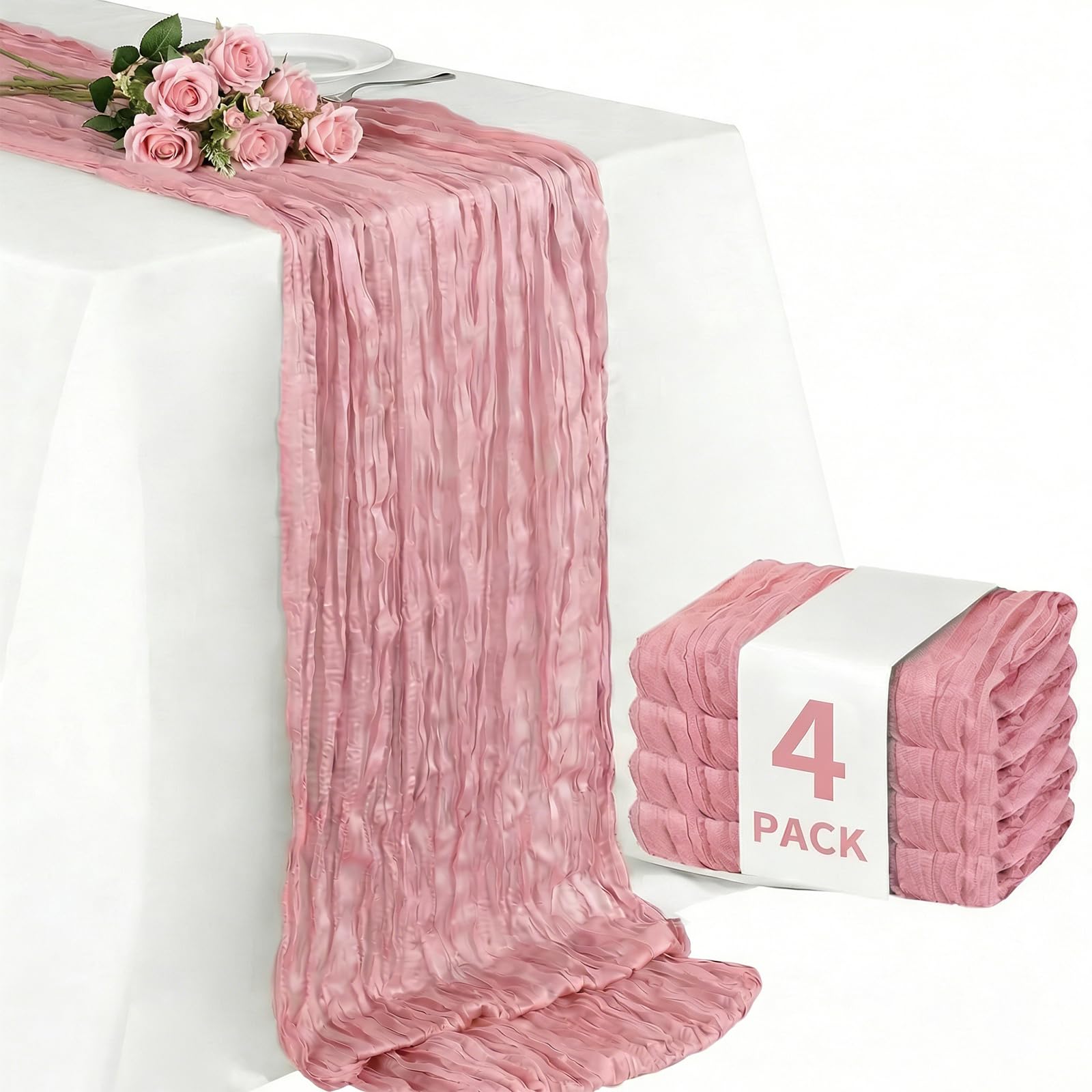4pcs Cheesecloth Table Runner 35"x120", 10FT Long Gauze Table Runner Boho for Wedding Reception Sheer Bridal Baby Shower Party Banquet Dining Rustic Table Decoration Tablecloth,Pink (90x300cm)