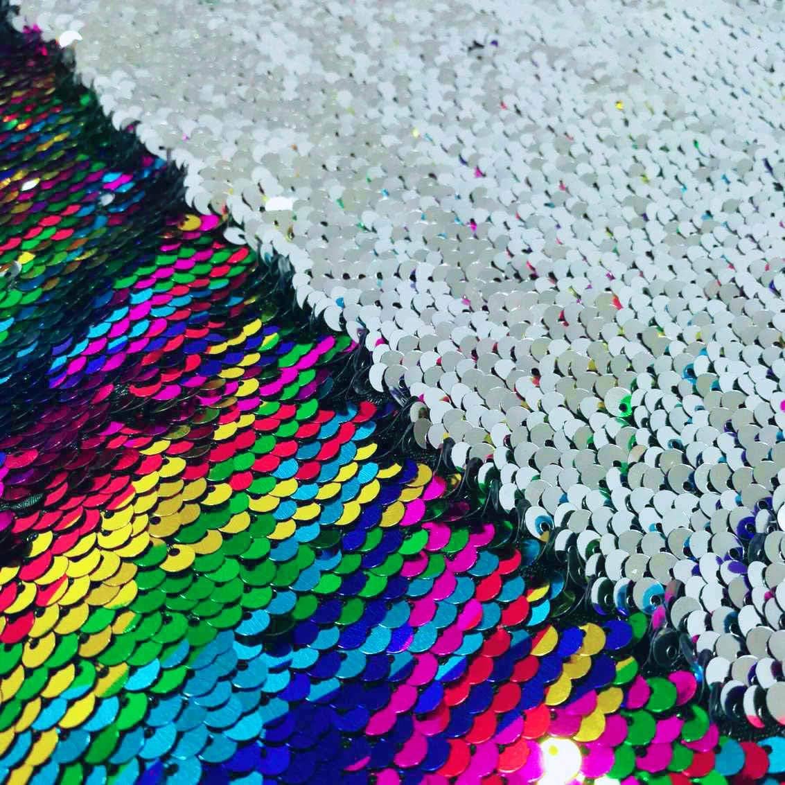 DUOBAO Sewing Fabric by The Yard Rainbow to Silver Changing Color Material 5 Yards Unique Quality Materials Mesh Sequins Flip Sequin Fabrics for Dress/Tablecloth/Backdrop