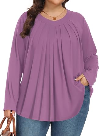 Tencede Womens Plus Size Tops Long Sleeve Shirts V Neck Tunic Blouses 1X-5X