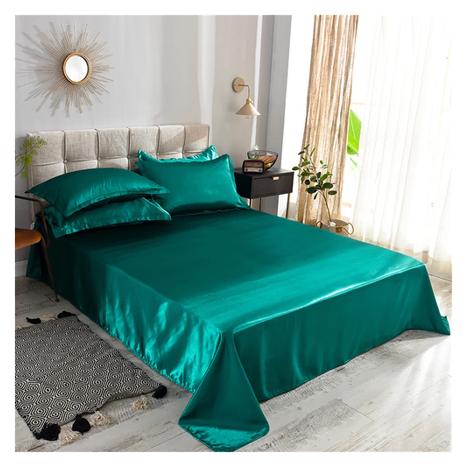 Ice Silk Bed Linen, Ice Silk Flat Sheet Multicolor Multiple Sizes Bedd(Green,48x74 2 pillowcase)