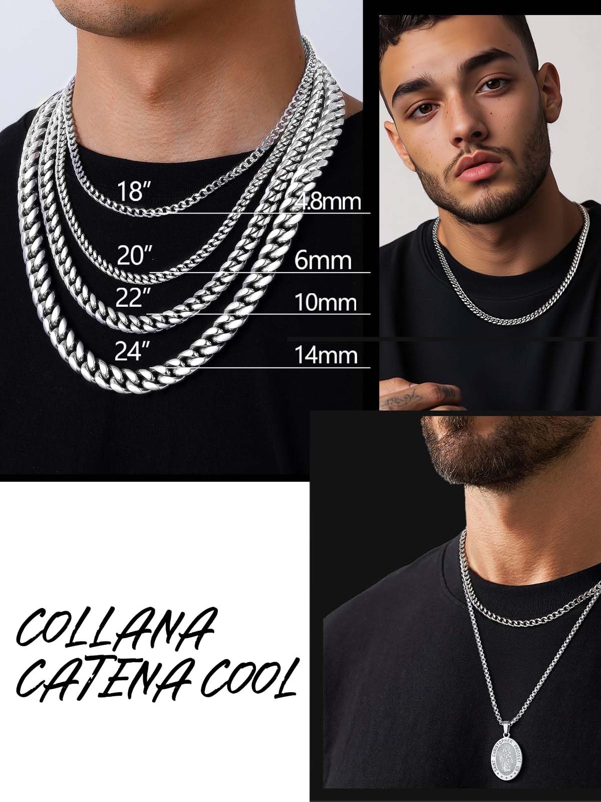 PROSTEEL Collana Uomo a Catena Cubana Barbazzale Grande Robusta, Larga 5 6 10 14 mm, Lunghezze Varie 35-75 cm, Acciaio Inossidabile/Placcato Oro, Argento Oro Nero, Regalo Ottimo (con Confezione)