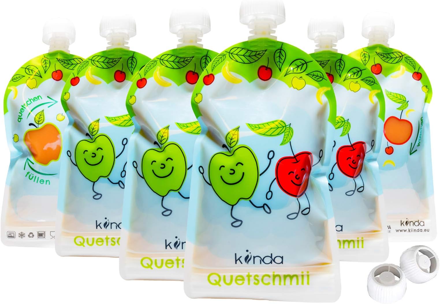Reusable Food Pouch Kit (6 Pack) | BPA Free | No Leak - Squeeze Bag Snack Design - Easy Fill & Clean | Great for: Travel, Weaning, Smoothies, Yoghurt, Fruit | Babies, Toddlers & Kids (6 floz)