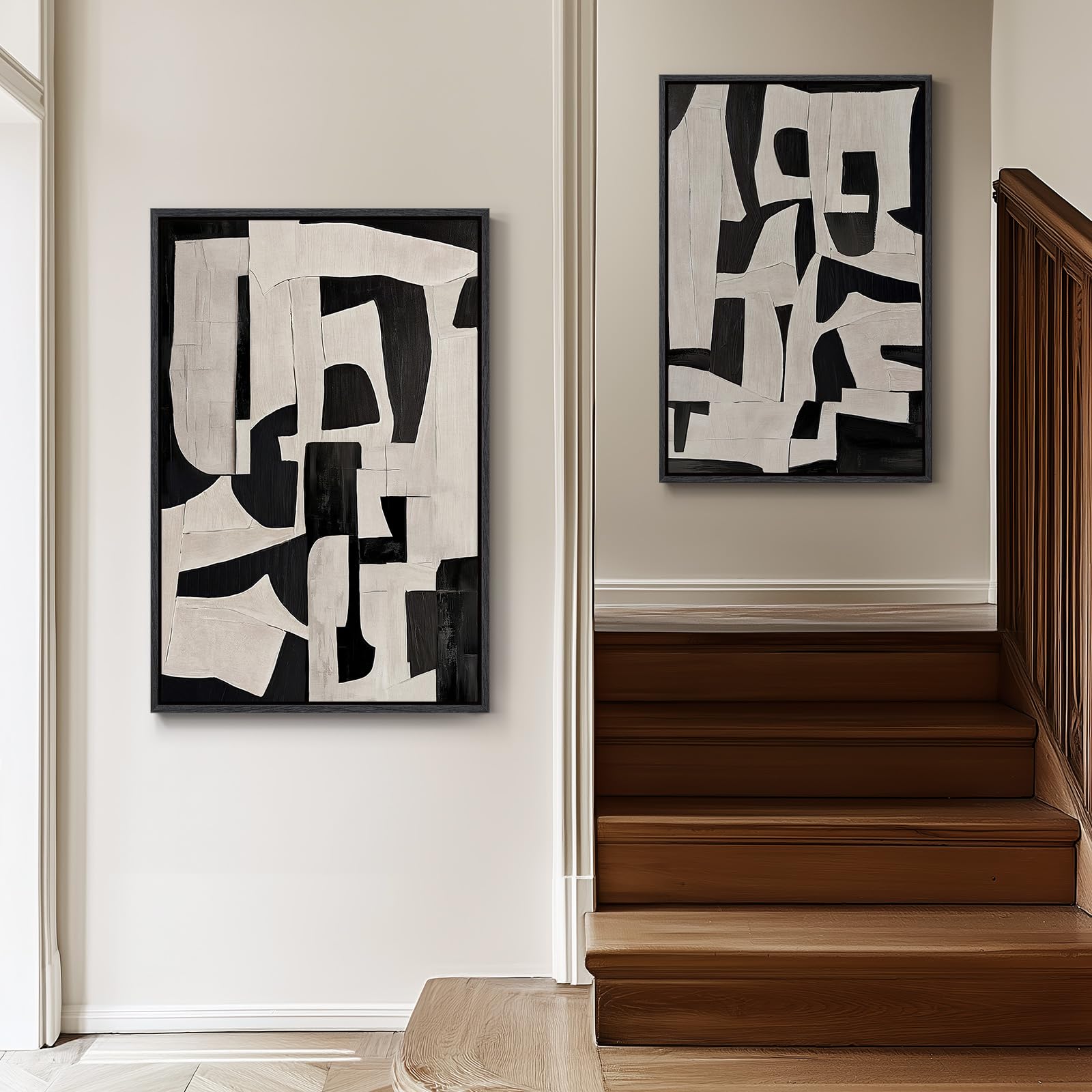 Condition photo showing New/Like New for large framed black and white abstract wall art for living room, 2 piece modern canvas prints paintings artwork for walls, minimalist black beige pictures for hallway dining bedroom wall decor 24x36 in