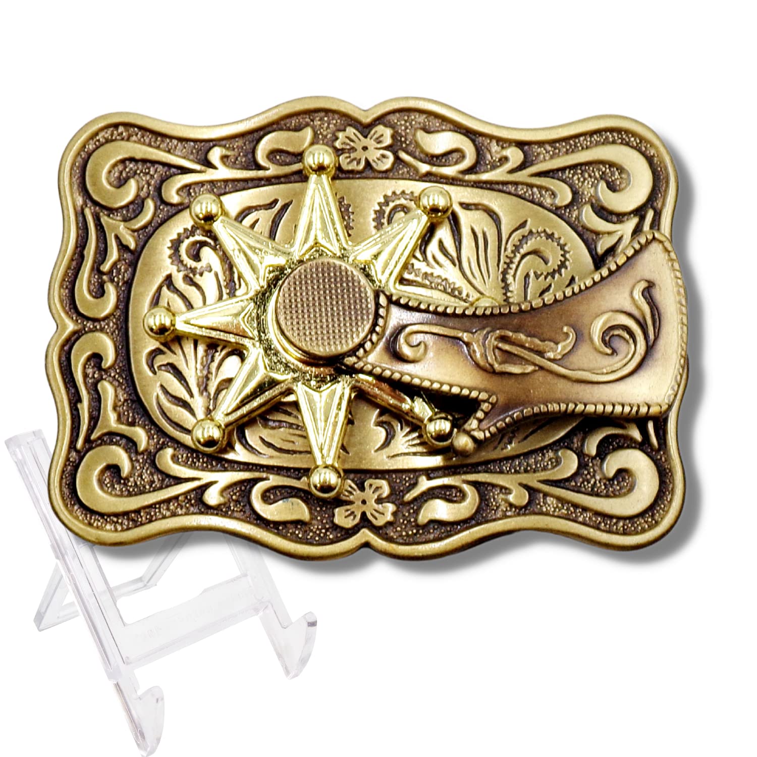 NeedzoBelt Buckle Men Western with Clear Display, Bronze Moveable Spur Buckles for Belts with Plastic Stand, Cowboy and Cowgirl Accessories, 3.5 Inches, Bronze, 3.5 inches