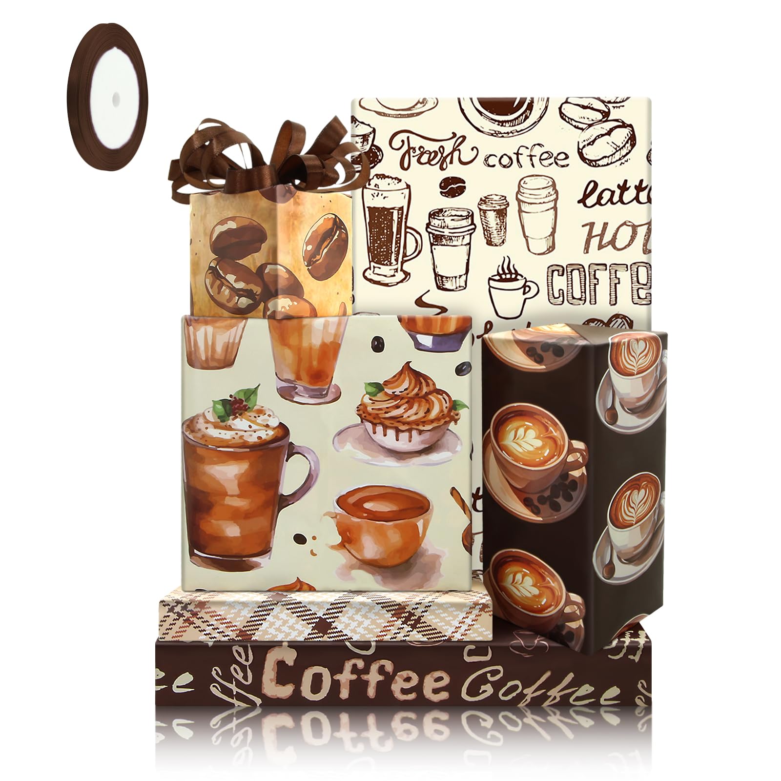 Coffee Wrapping Paper 6 Sheets, Vintage Coffee Lover Beans Cupcake Dessert Patterns Funny Gift Wrap with Brown Ribbon Set for Women Men Birthday Wedding Bridal Shower and More Occasion
