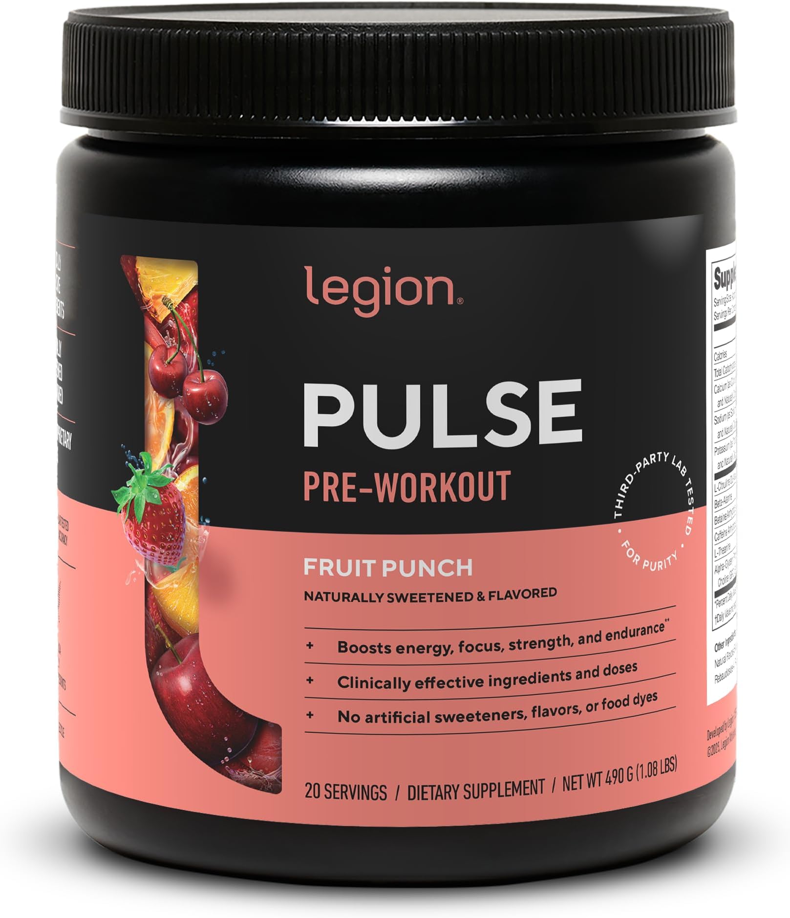 Pulse Pre Workout Supplement - All Natural Nitric Oxide Preworkout Drink to Boost Energy, Creatine Free, Naturally Sweetened, Beta Alanine, Citrulline, Alpha GPC (Fruit Punch)