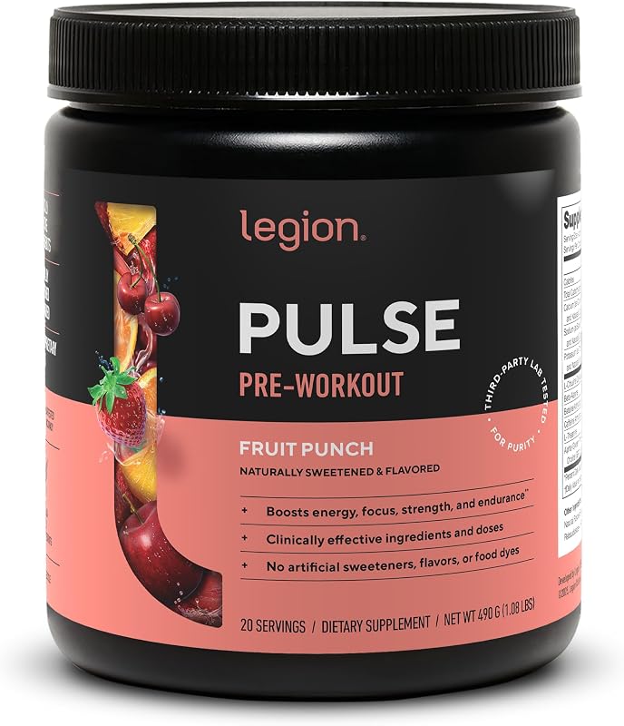 Suplemento previo al entrenamiento Pulse: bebida preentrenamiento de óxido nítrico totalmente natural para aumentar la energía, sin creatina, endulzada naturalmente, beta alanina, citrulina, alfa GPC (ponche de frutas)