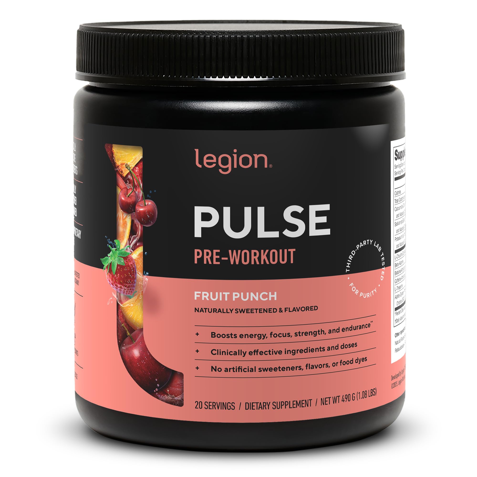 Pulse Pre Workout Supplement - All Natural Nitric Oxide Preworkout Drink to Boost Energy, Creatine Free, Naturally Sweetened, Beta Alanine, Citrulline, Alpha GPC (Fruit Punch)