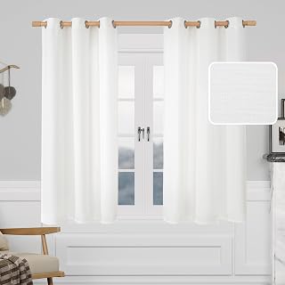 LAMIT Semi Sheer White Linen Curtains 54 Inch Length for Bedroom 2 Panels