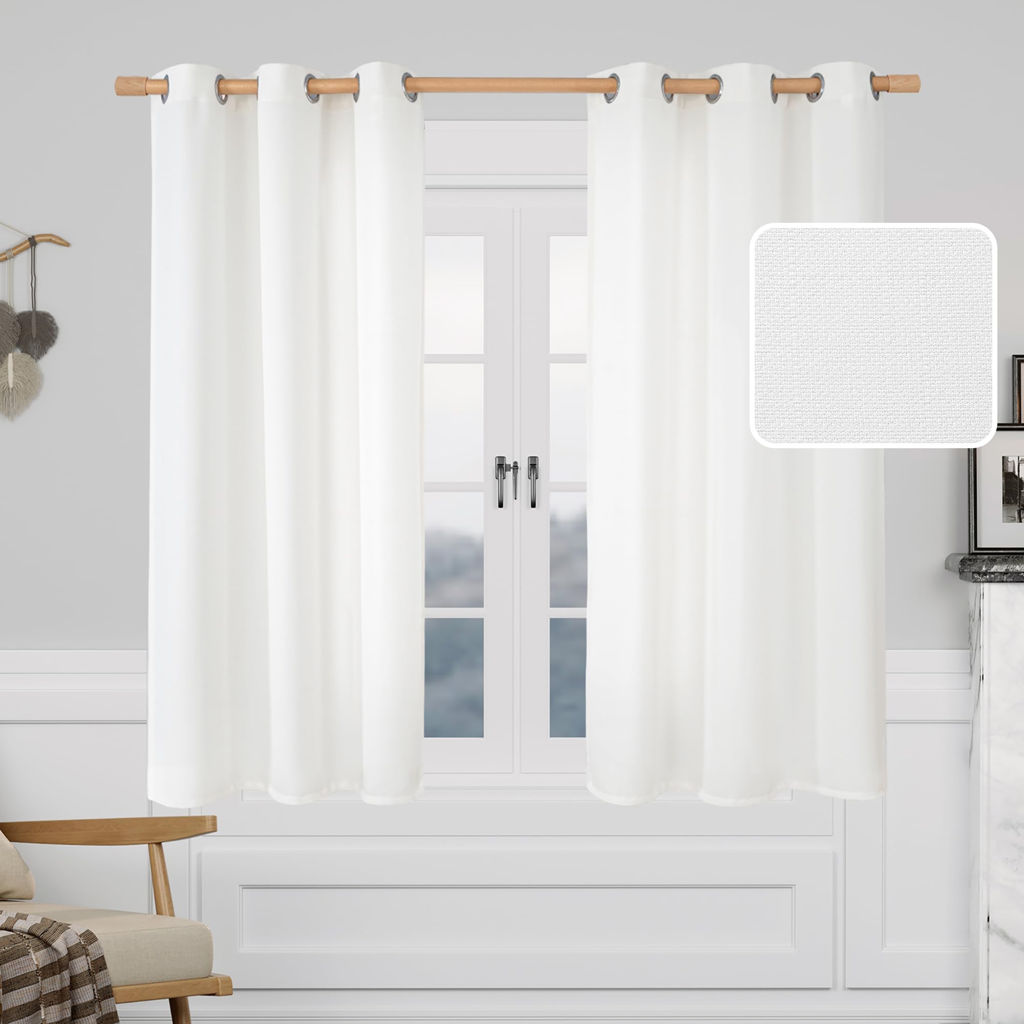 LAMIT Semi Sheer White Linen Curtains 54 Inch Length for Bedroom 2 Panels