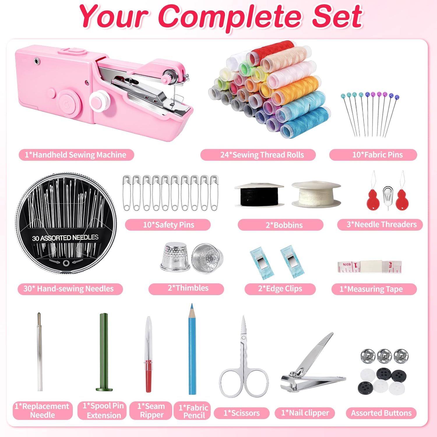 Handheld Sewing Machine, Mini Portable Electric Sewing Tool for Quick Stitching & DIY Crafts. Easy-to-Use Hand Stitcher Sewing Machine Kit for Beginners & Adults, Pink