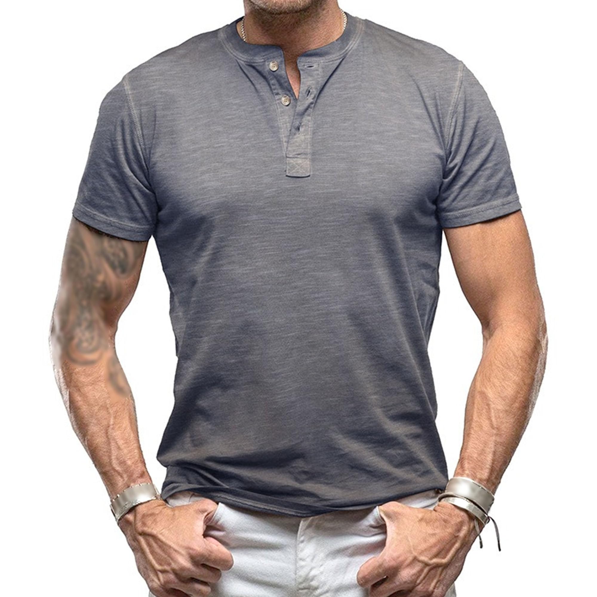 Zylphorix Men Solid Short Sleeve Henry Shirts Quarter Button Round Collar T Shirt Summer Street Outdoor Daily Pullover (Grey,XX-Large)