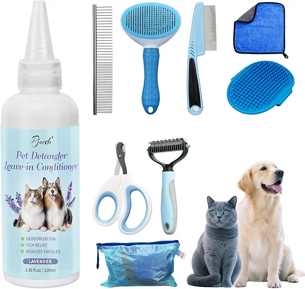 Pjordo 8 in-1 Dog Grooming Kit - Supplies for Short and Long Hair Dogs & Cats, Dog Brushes for Grooming, Dematting Comb for Pet, Bath Brush, Flea Comb, Pet Donditioner, Set in Blue