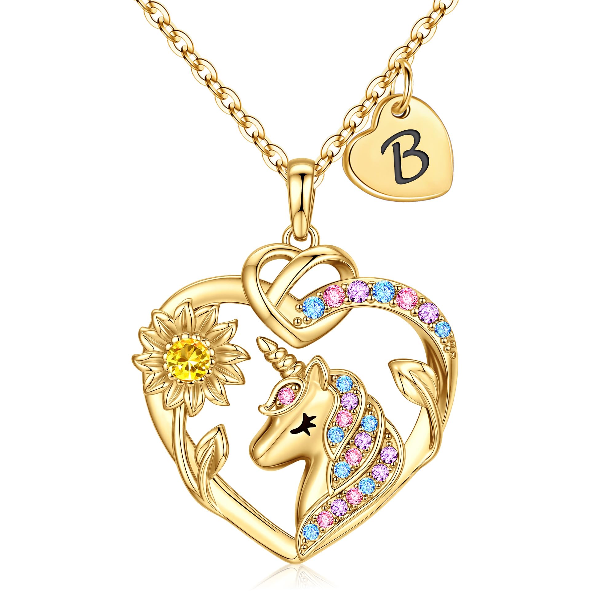 M MOOHAM Einhorn Geschenke für Mädchen - 14 Karat Gold Vergoldete Sonnenblumen Einhornkette Halskette Mädchen Schmuck Buchstabenkette Einhorn Geburtstagsgeschenk für Kinder Tochter Enkelin