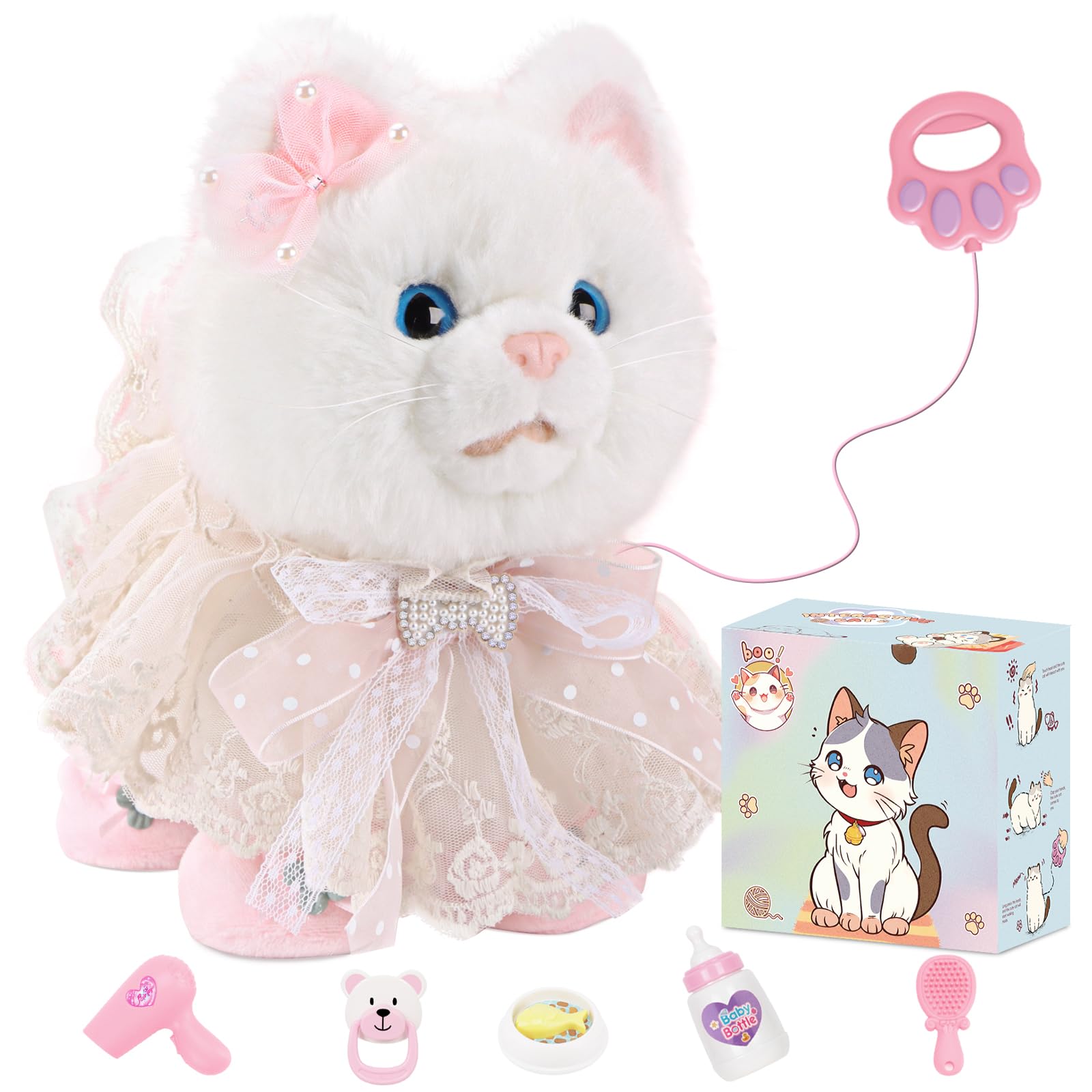 Walking Plush Cat Toy with Meowing Sounds, Interactive Electronic Kitten with Leash and Wagging Tail, Soft Stuffed Animal Pet Birthday for Kids Toddlers Girls