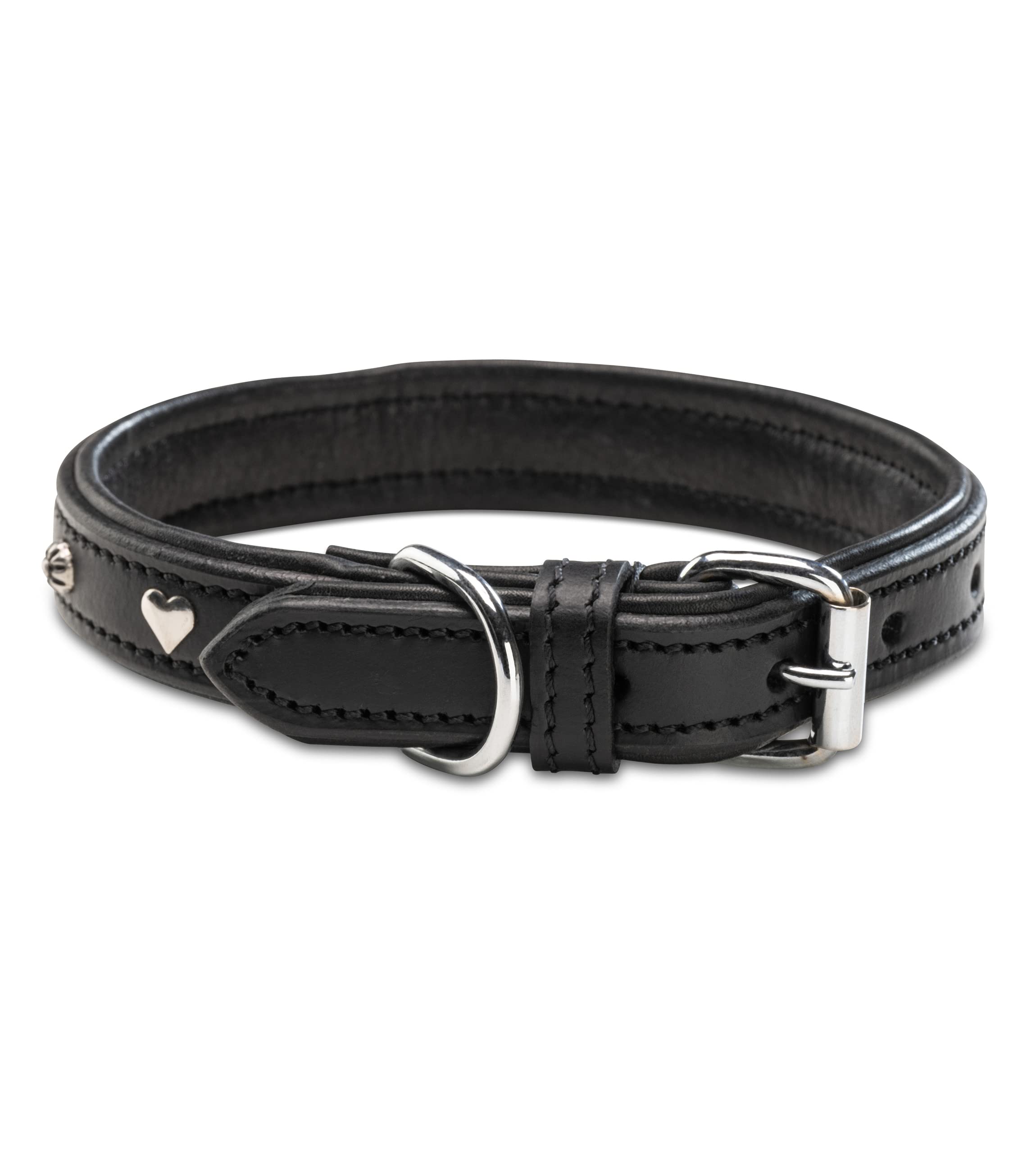 Jack & Russell Leather Dog Collar Black with Appliqués Heart & Flower - Double-Layer Genuine Leather Dog Collar Coer (M (34.5-43.0)) - Image 3