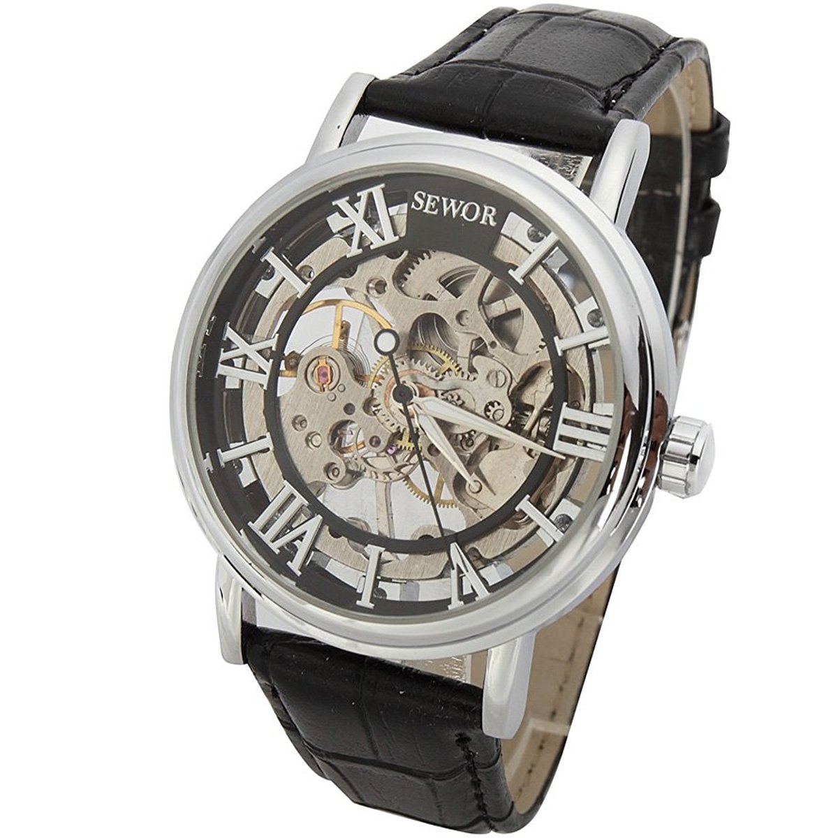 SEWOR Herren Mechanische Skelett aufziehbar transparent Armbanduhr mit Vintage Style