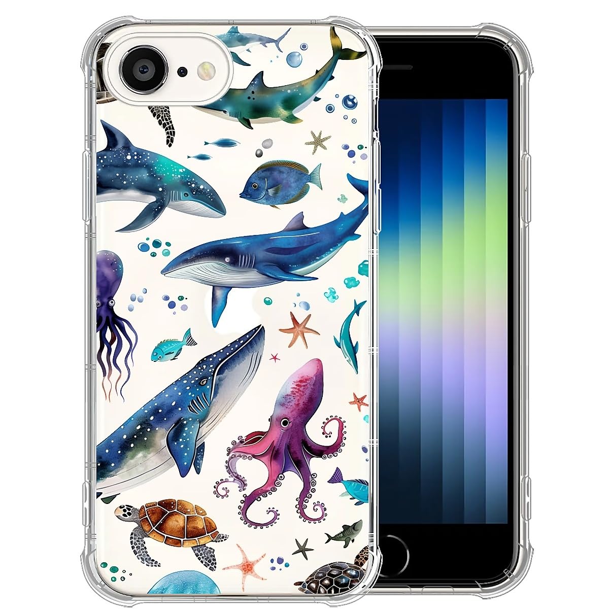 FKBRCL4U for iPhone 16e Case, Clear with Graphic for Girl Women Soft Silicone Shock Protection Designed for iPhone 16e Turtle Octopu Starfish Whale
