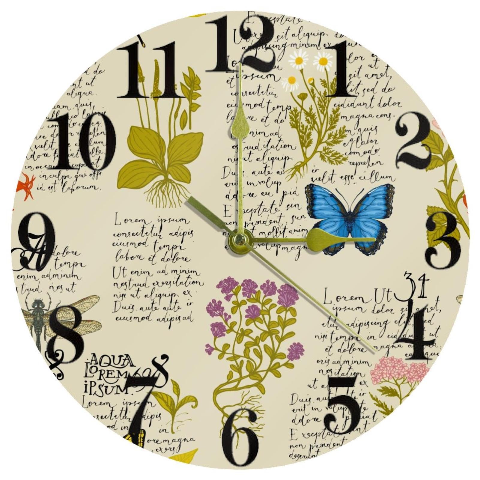 Horloge murale ronde à quartz silencieuse avec motif papillon pour salon et bureau