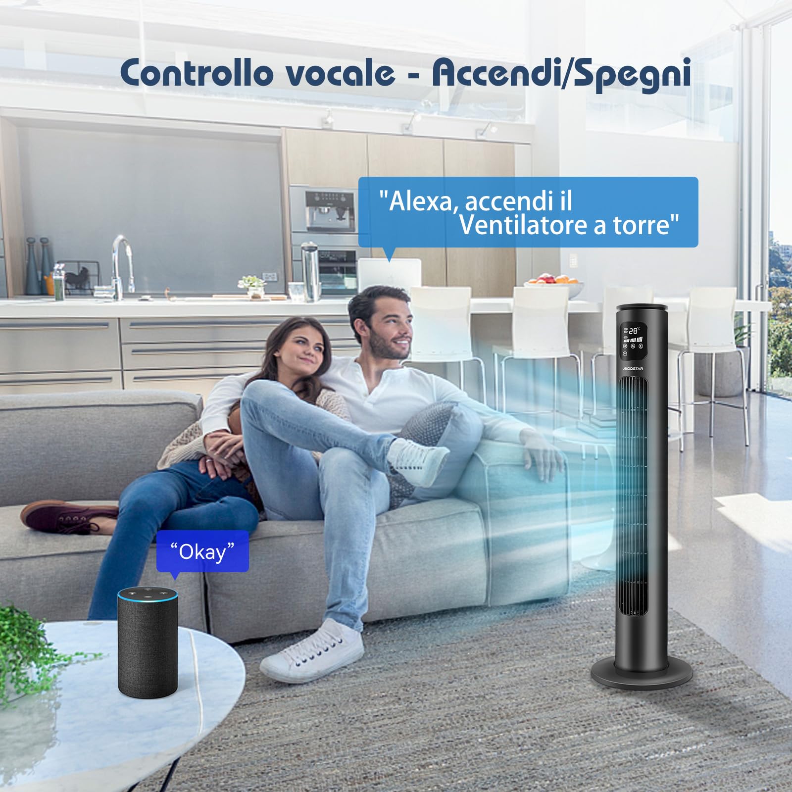 Aigostar Ross Smart - Ventilatore a torre Smart WiFi con telecomando, 102 cm, display LED, oscillazione 70°, 3 velocità 3 modalità, timer 24 ore, controllo APP, adatto per casa e ufficio