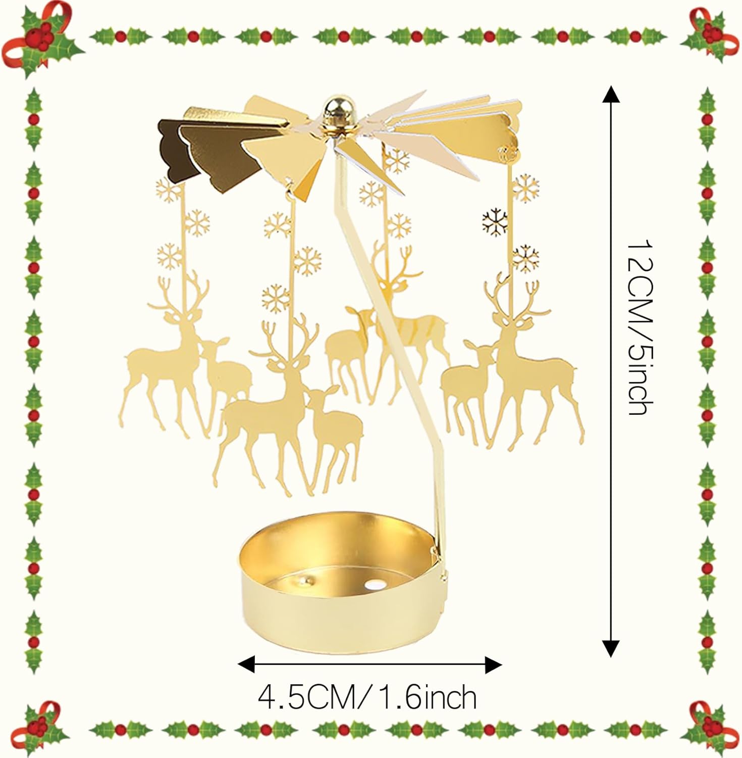 Rotating Candle Holder, Gold, 8x8x12cm, Multi-purpose, Christmas, Wedding, Birthday, Valentine's Day