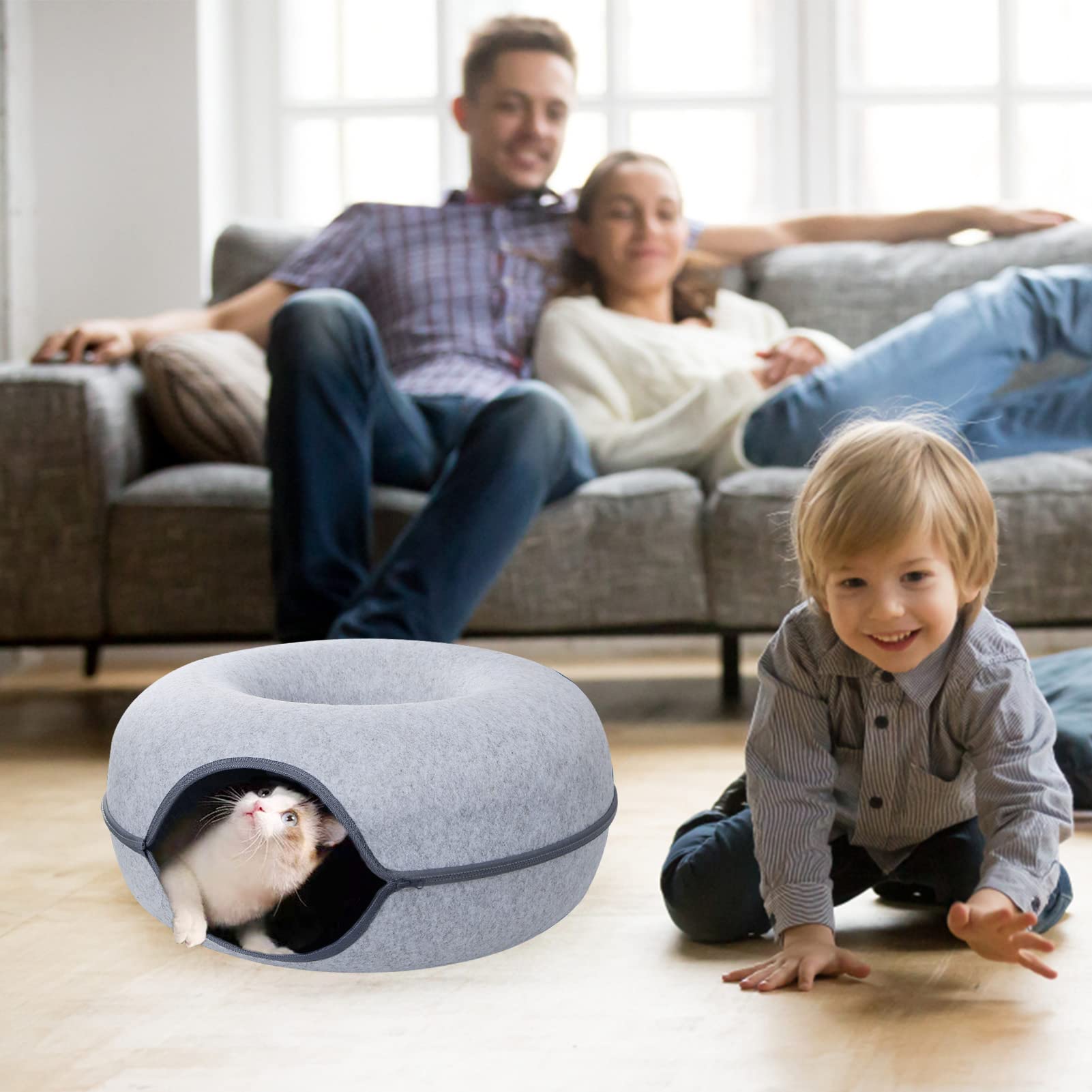Lit tunnel pour chat, quatre saisons disponibles, tube rond amovible en feutre pour chat, jouet de jeu avec trou pour regard, tunnel de jeu intérieur lavable pour chats d'environ 7,7 kg, lapins,